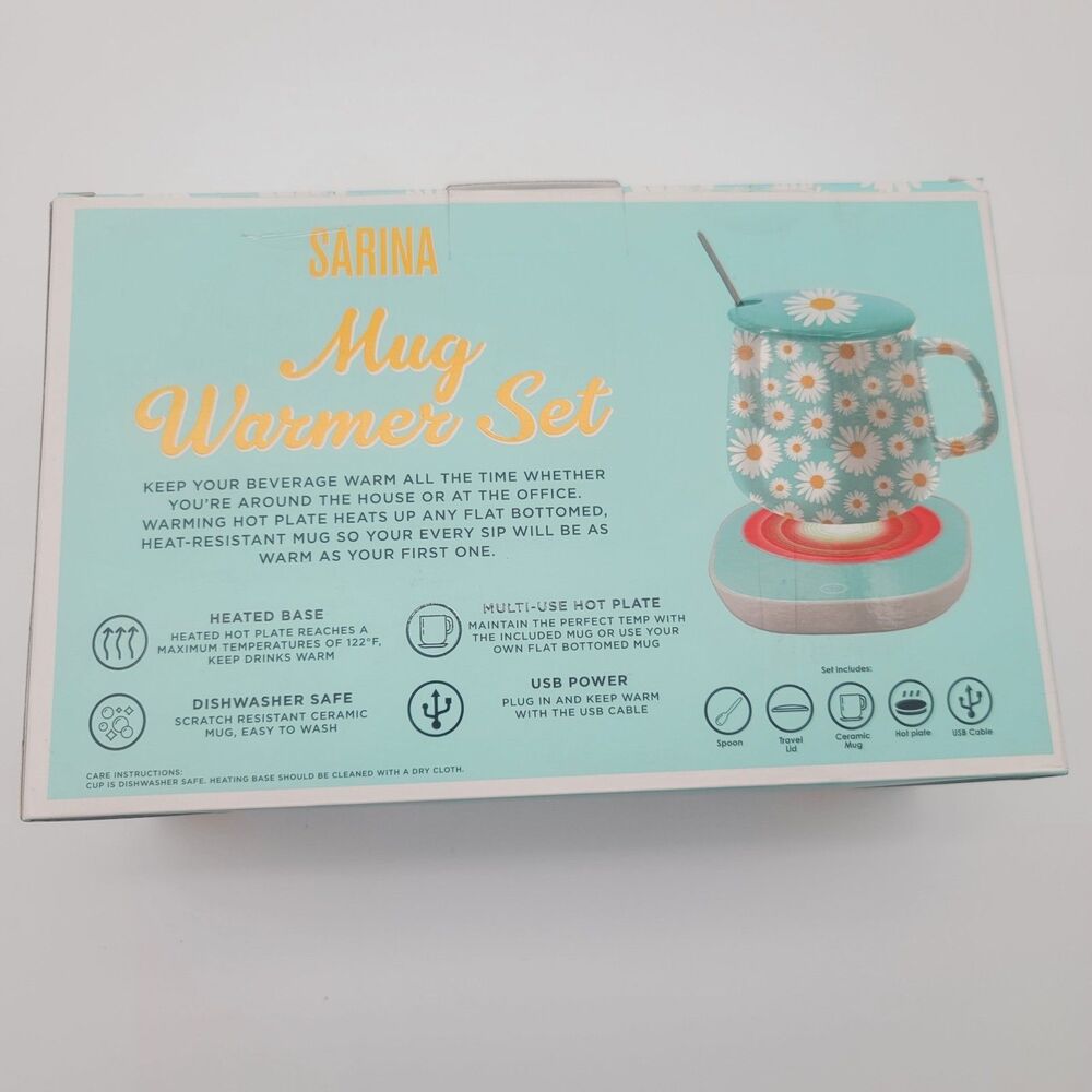 Sarina Daisy Mug Warmer Set Teal Blue Ceramic Cup Lid Spoon USB Hot Plate NIB - Picture 3 of 6